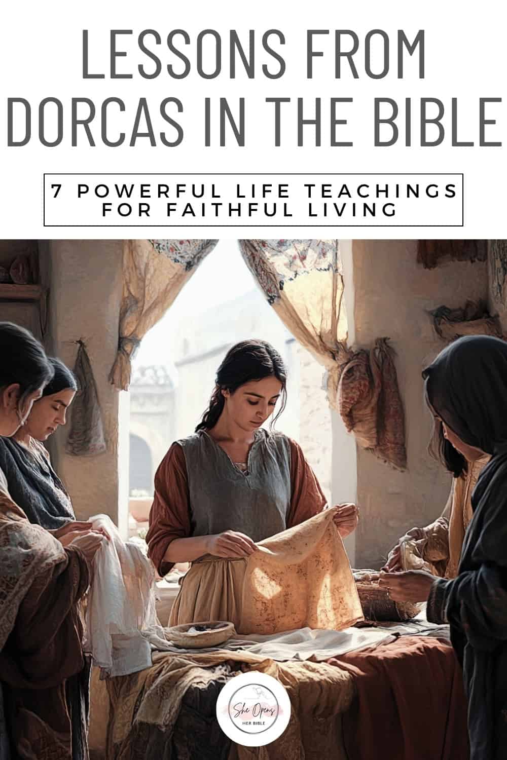 Lessons from Dorcas in the Bible: 7 Powerful Life Teachings for Faithful Living 1 Dorcas in the Bible sewing garments for widows in a sunlit first-century Middle Eastern home – faith-based life lessons from Acts 9:36–43.