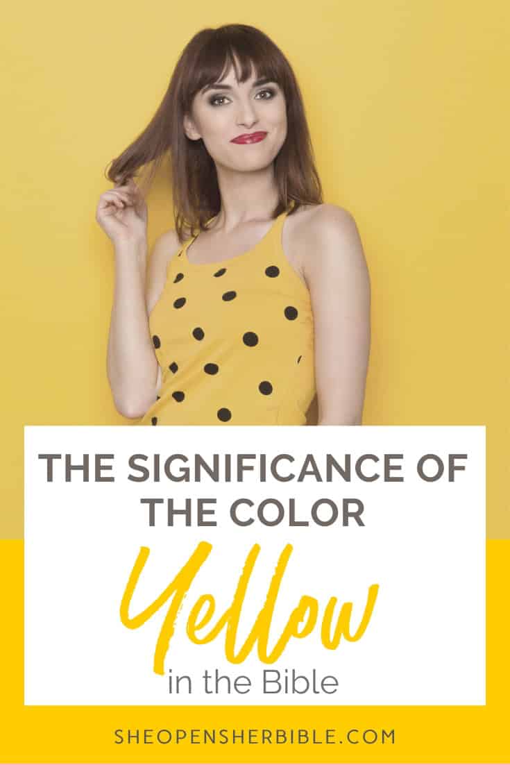 Yellow in the Bible: Symbolism, Meaning & Significance 1 Woman in a yellow polka dot top against a yellow background with text overlay reading 'The Significance of the Color Yellow in the Bible' — representing biblical color symbolism.
