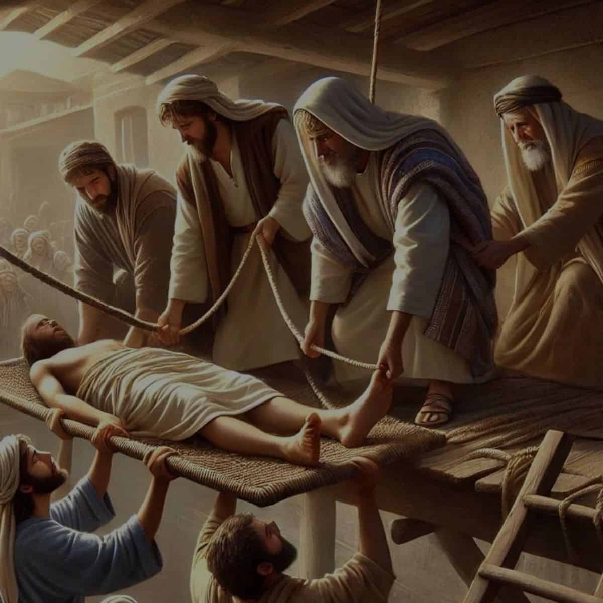 a painting of a man being held by a man