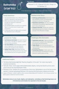 Bathsheba Bible Character Study Notes &ndash; A printable Bible study guide exploring Bathsheba&rsquo;s story of pain, redemption, and legacy, with study questions, key verses, challenges, and Messianic insights. Great for Bible study beginners and topical study plans.