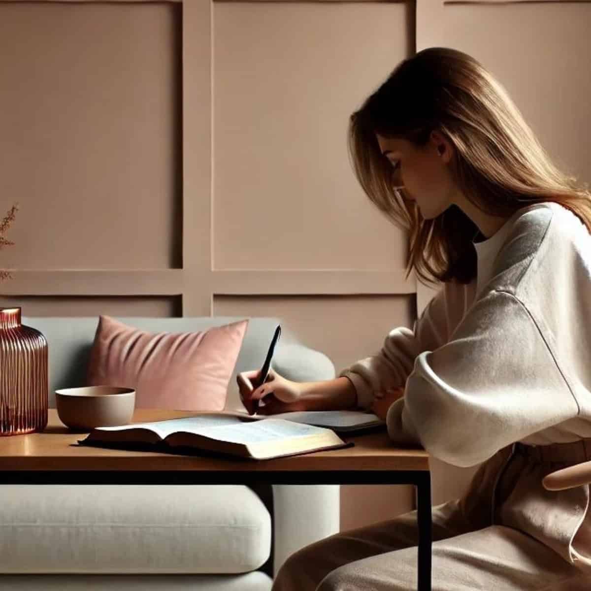 a woman sitting at a table writing on a book