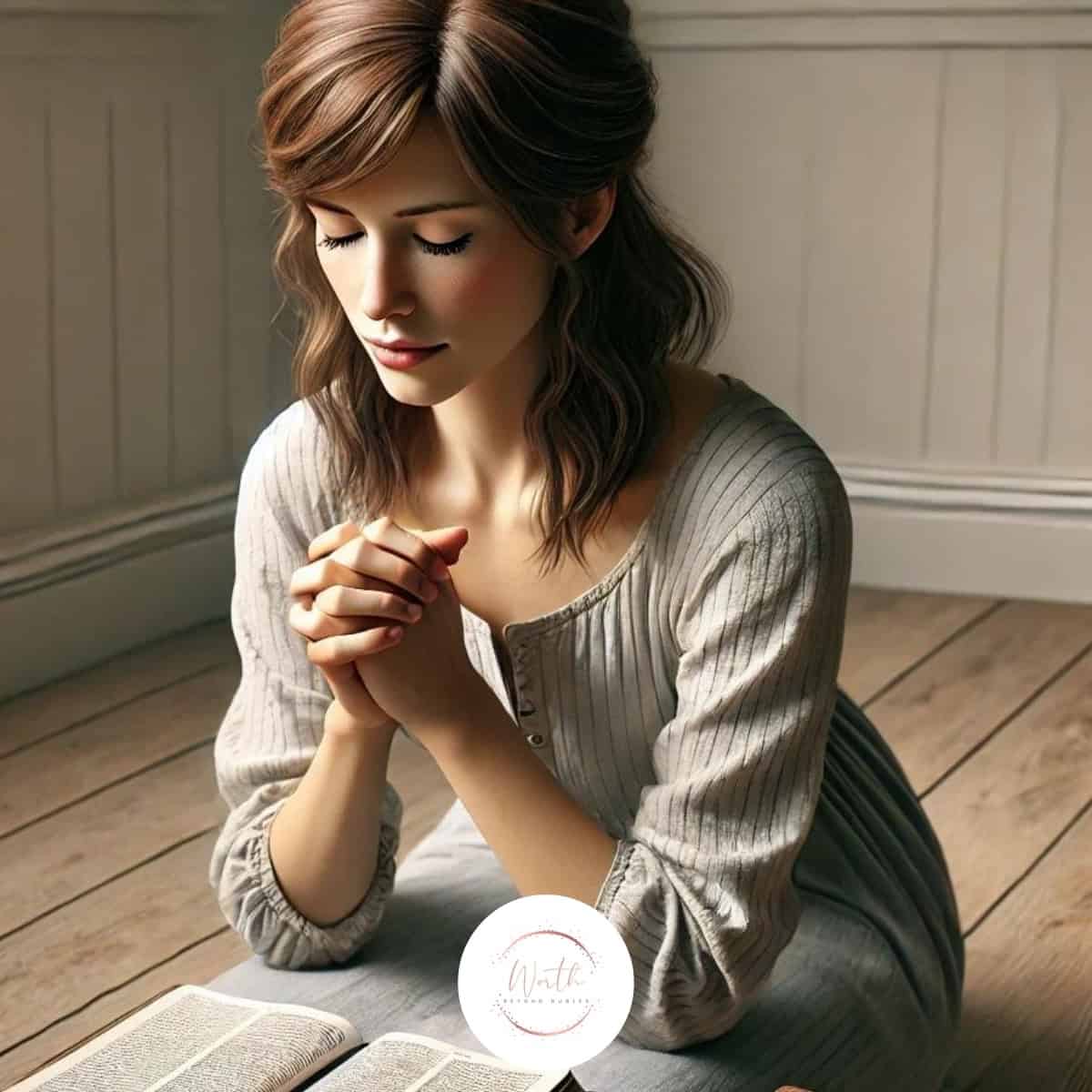 a woman sitting on the floor with her hands folded in prayer
