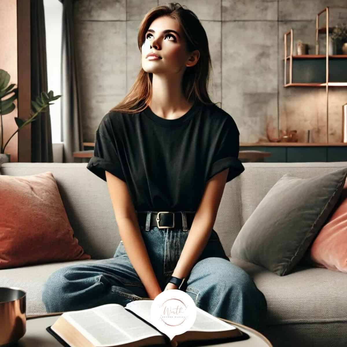 a woman sitting on a couch looking up