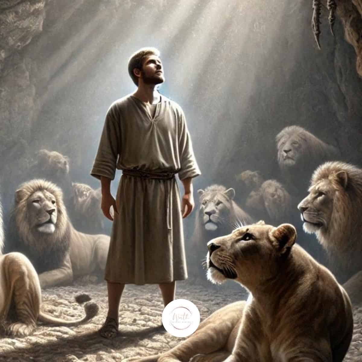 a man in a robe surrounded by lions