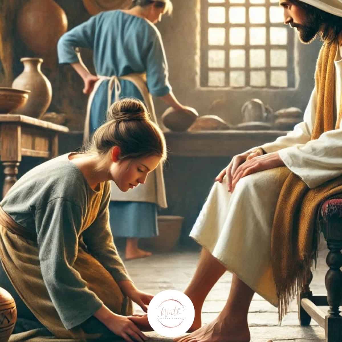 a woman kneeling on the floor with a man in a robe