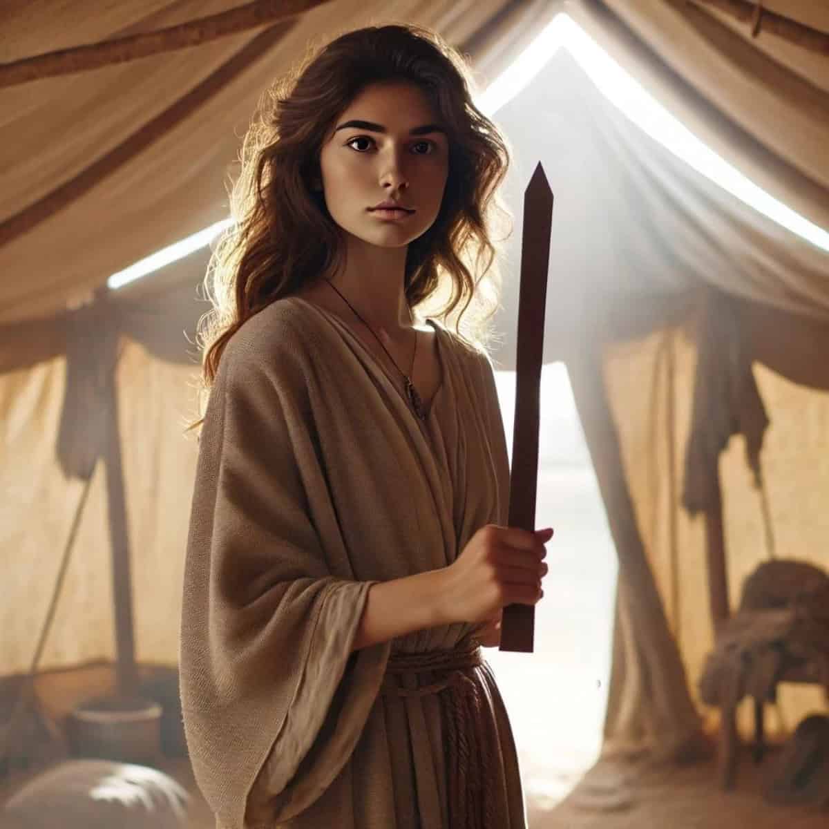 a woman in a robe holding a sword