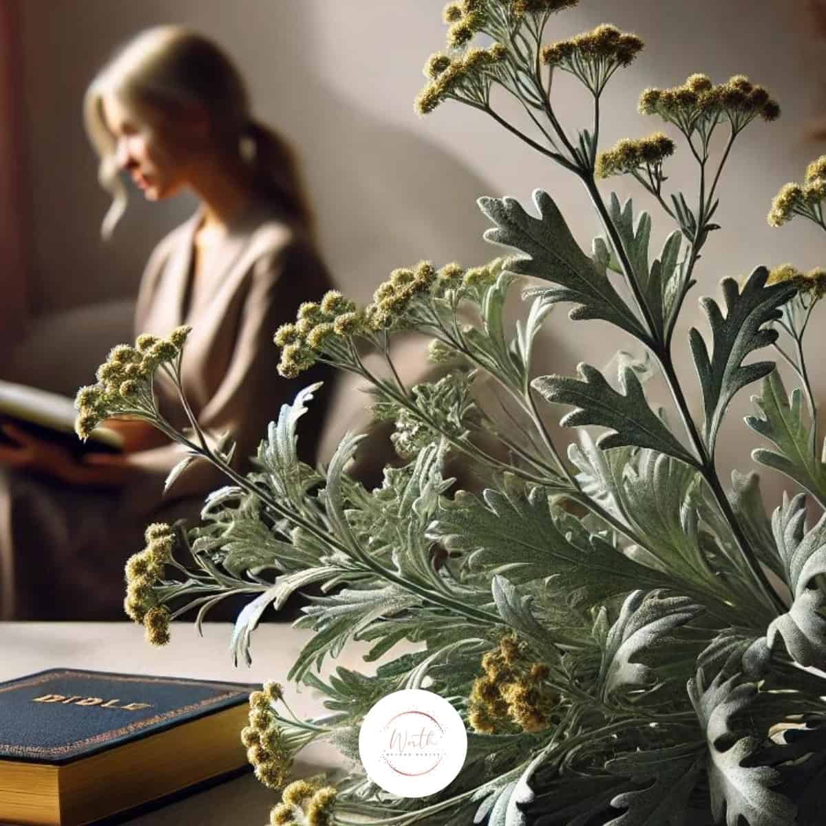 a plant next to a book