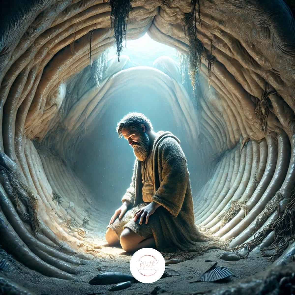 a man in the belly of a whale praying