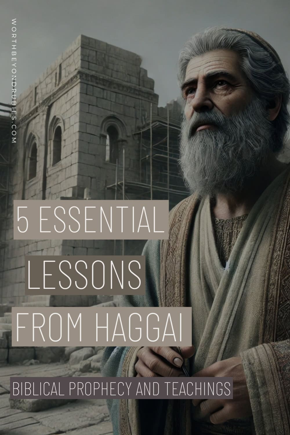 a man with a beard and a stone building