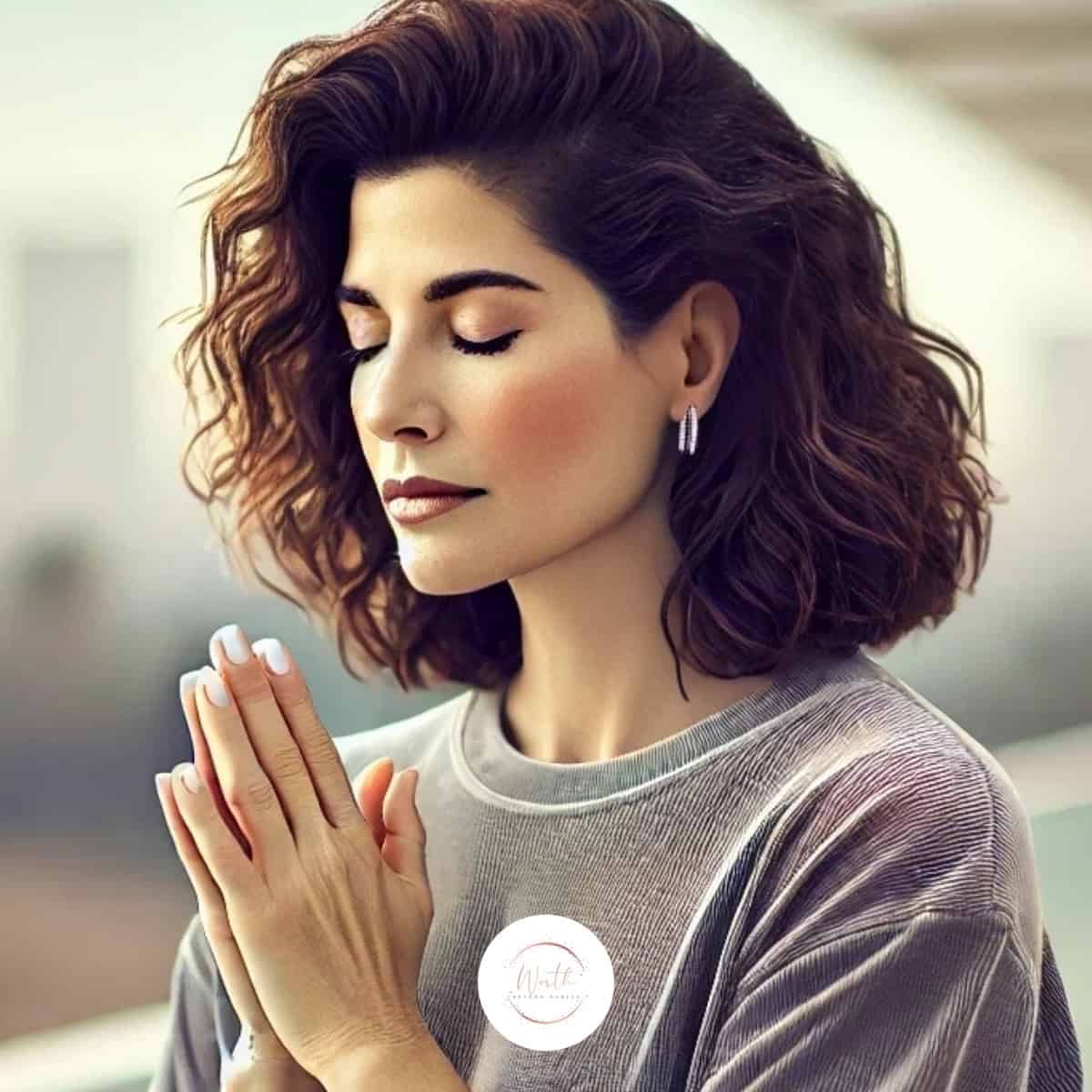 a woman with her hands together