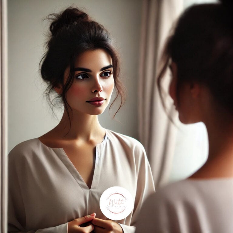 a woman looking in a mirror