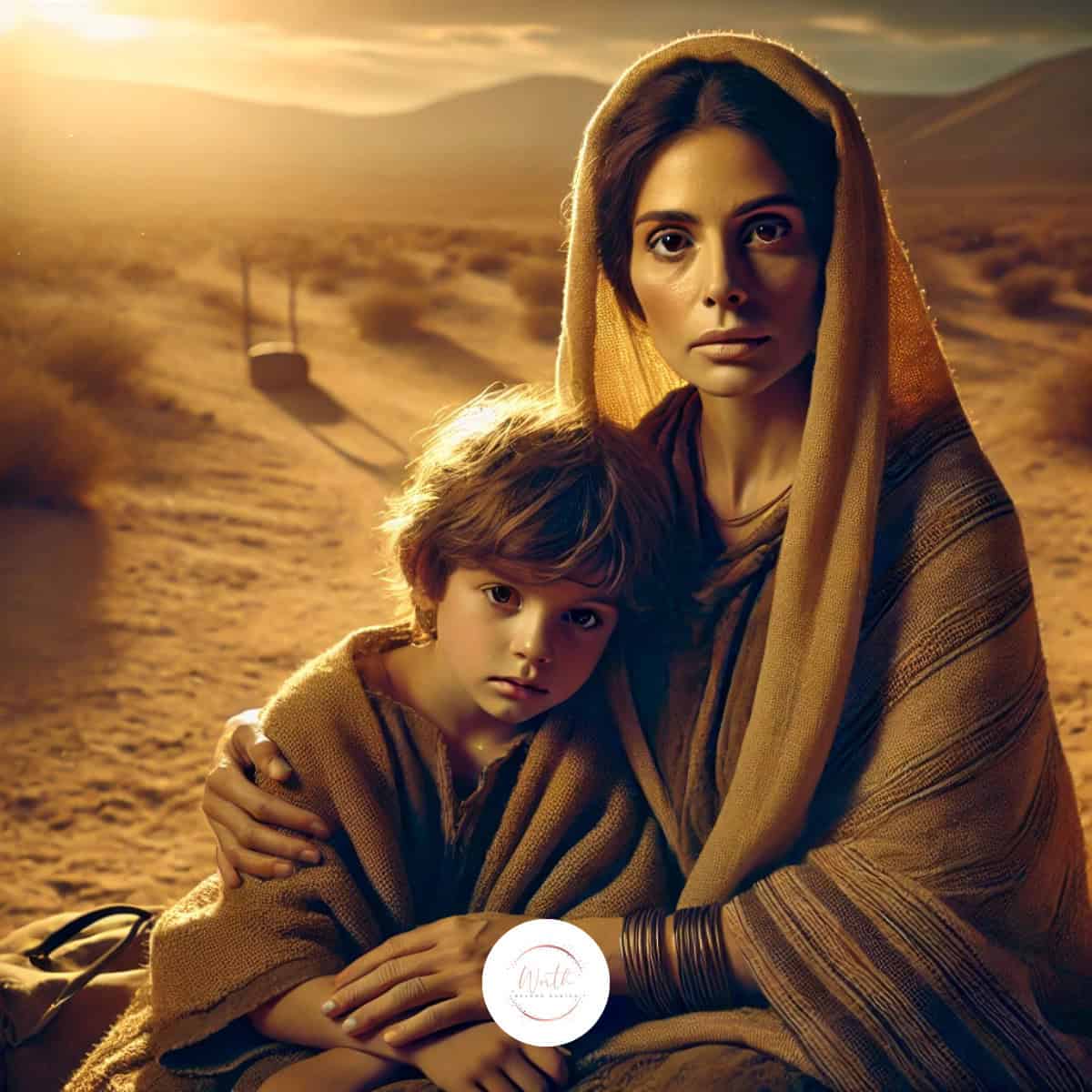 a woman and child in a desert