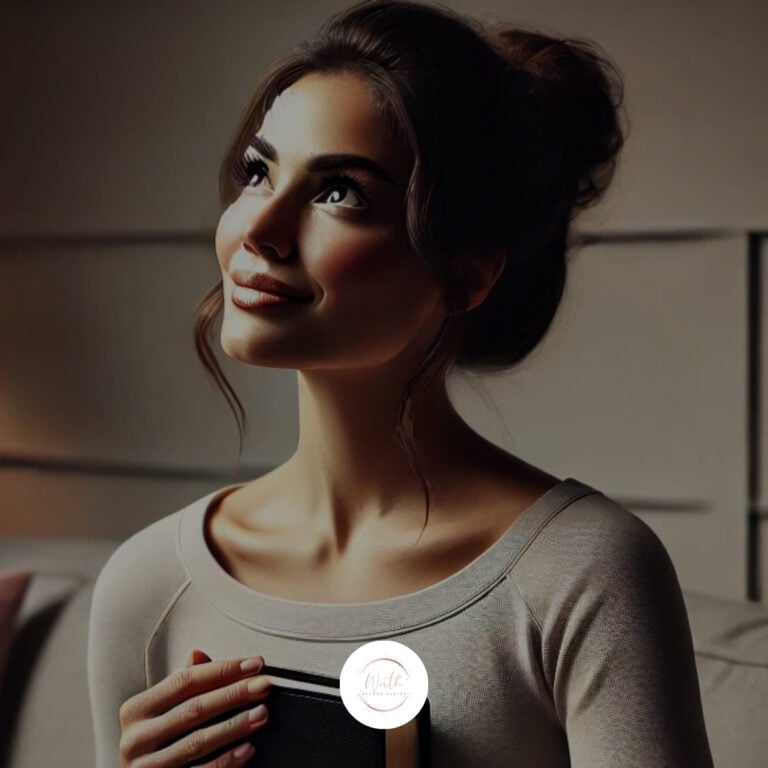 a woman looking up to the side