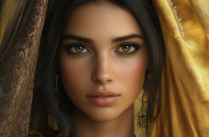 a woman with a gold scarf