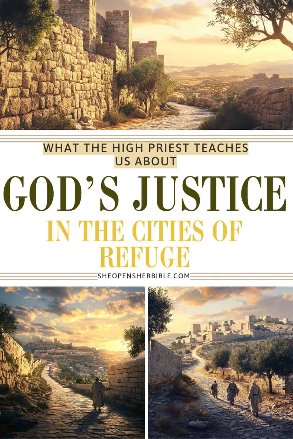 Cities of Refuge in the Bible: Justice and Sanctuary in Ancient Israel 1 What the High Priest Teaches Us About God’s Justice in the Cities of Refuge – A collection of ancient biblical city scenes showing stone pathways, walled fortifications, olive trees, and robed figures walking toward a distant city. The design visually represents the concept of the cities of refuge from the Bible, with a central focus on God's justice and the role of the High Priest.
