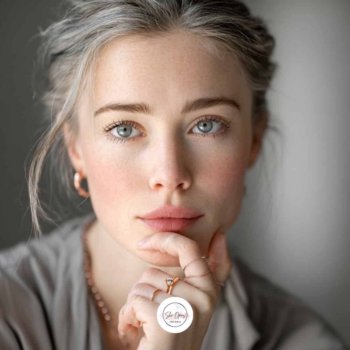 a woman with her hand on her chin representing thinking about being a Proverbs 31 woman