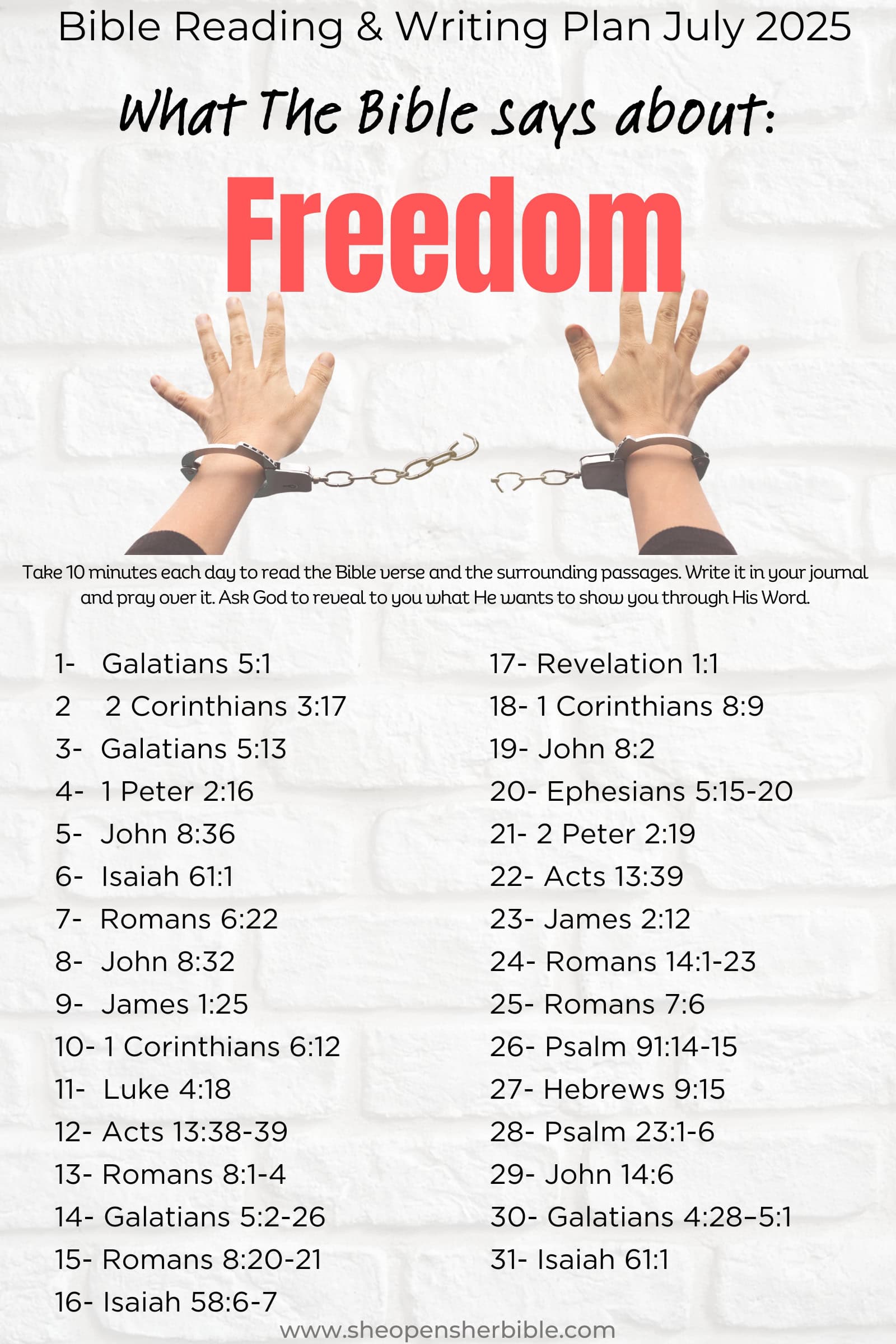 Scripture Writing and Reading Plans & How to Start in 2025 1 A Bible reading and writing plan titled "What The Bible Says About Freedom" for July 2025, featuring 31 daily scripture references including Galatians 5:1, John 8:36, Isaiah 61:1, and Romans 8:1-4. The image shows hands breaking free from chains, symbolizing spiritual freedom.