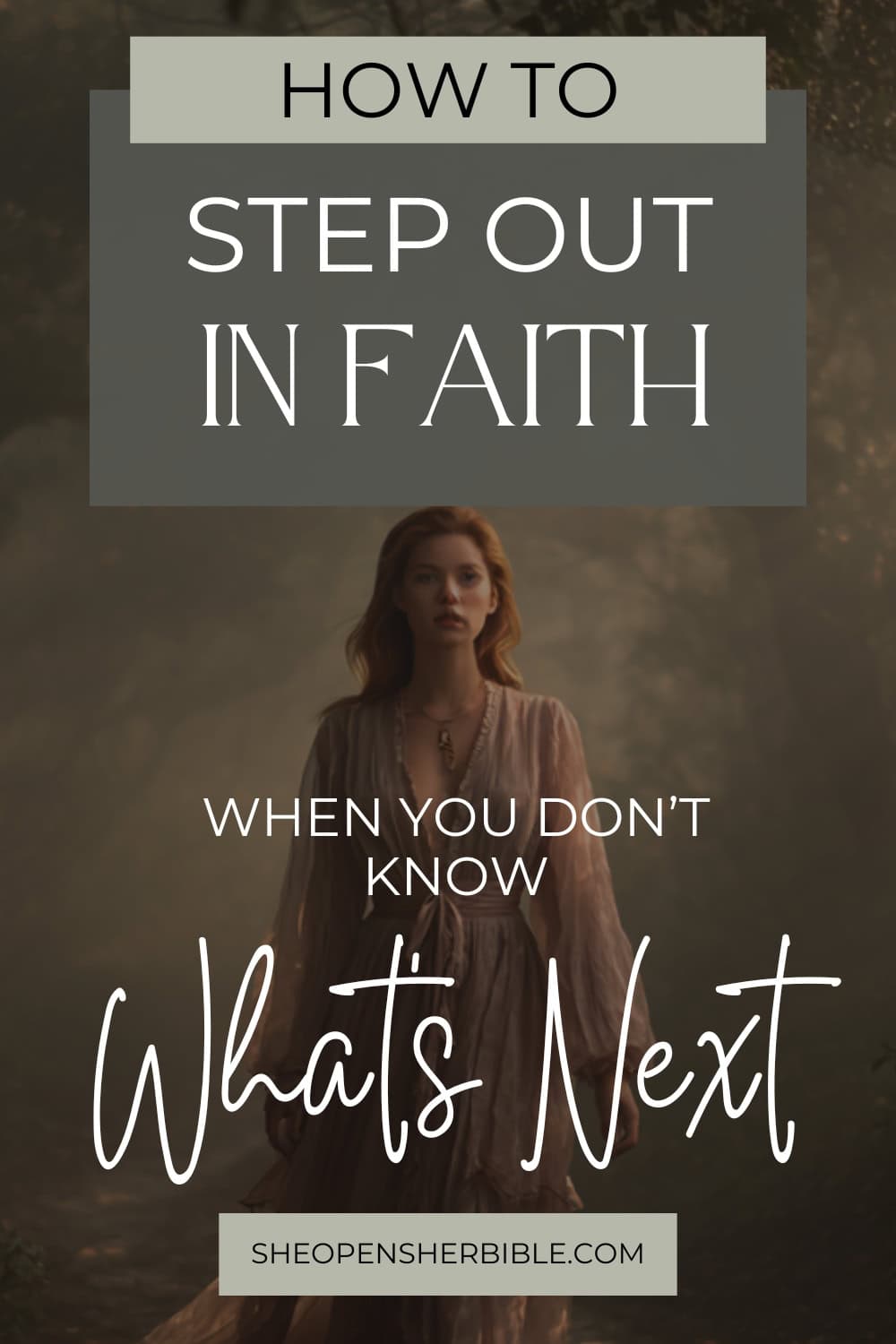 Step Out in Faith: The Courage to Say Yes Before You See What’s Next 1 A woman in a rose-toned dress walks into a misty forest path, capturing the theme "How to Step Out in Faith When You Don’t Know What’s Next" with a calm and reflective mood.
