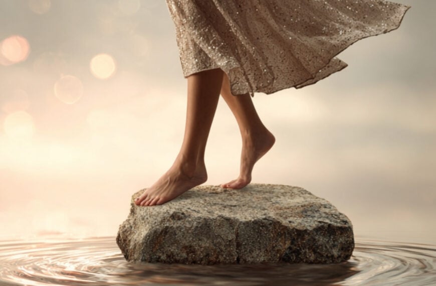 a woman in a dress standing on a rock in water - step out in faith is represented