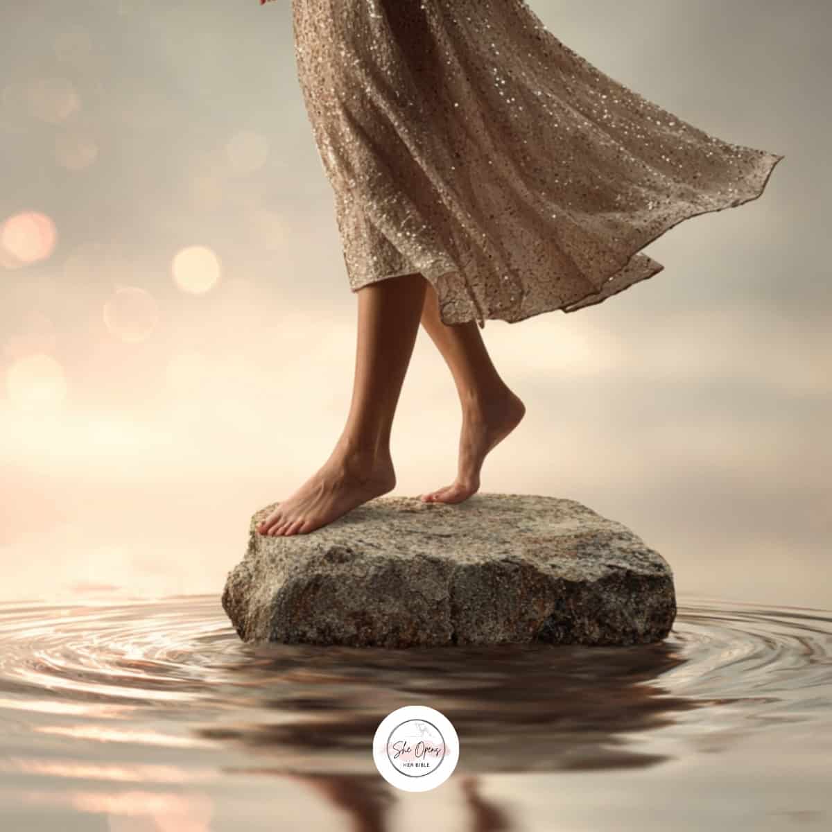 a woman in a dress standing on a rock in water - step out in faith is represented