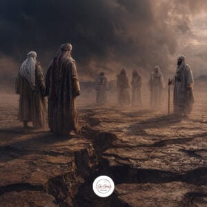 a group of men in robes standing in a crack in the ground
