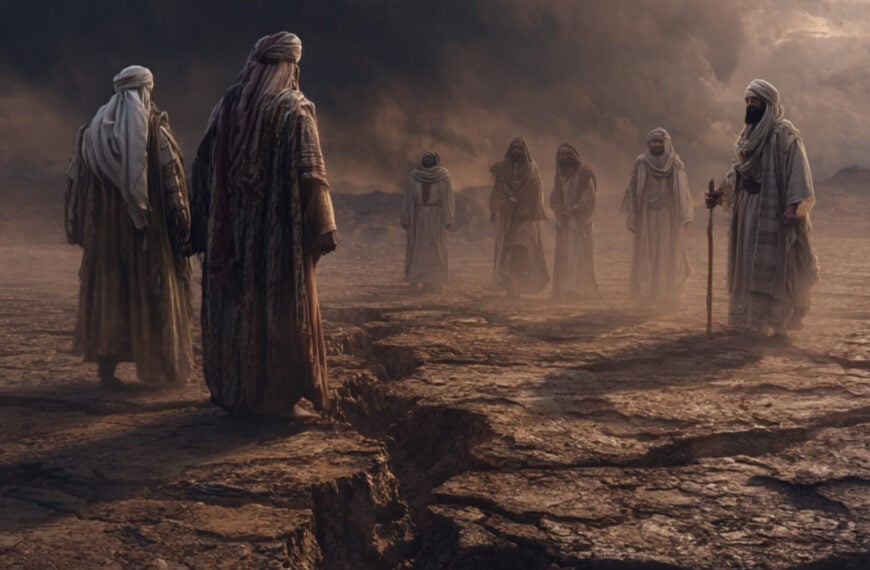 a group of men in robes standing in a crack in the ground