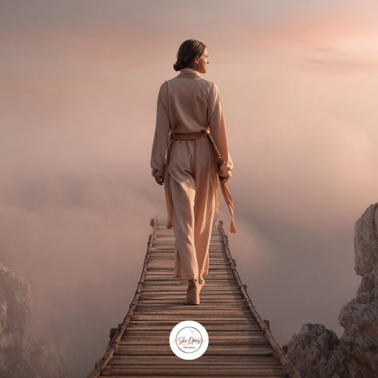 a woman walking on a wooden bridge