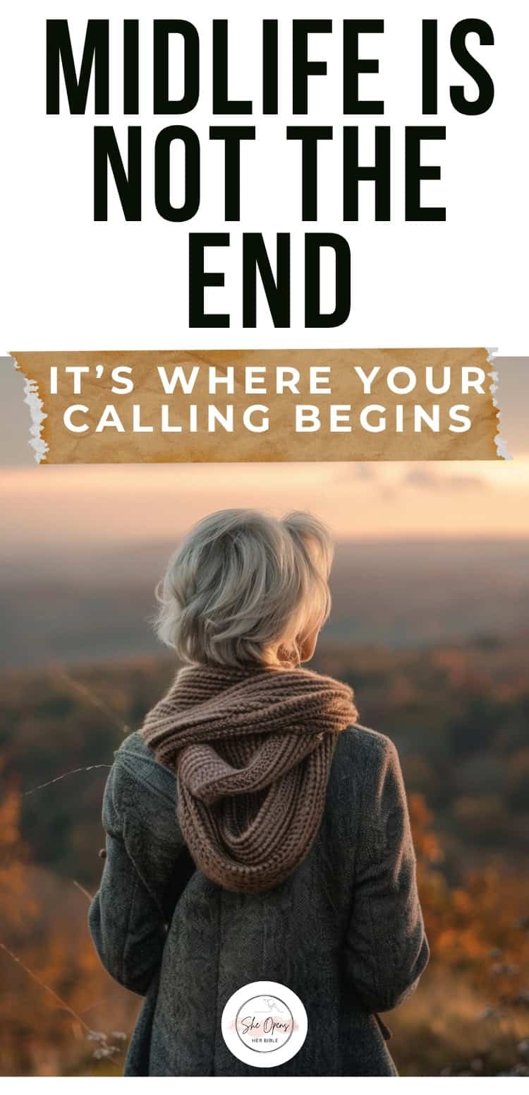 Spiritual Midlife Isn’t a Crisis - It’s a Calling to Purpose 1 A midlife woman stands with her back to the viewer, overlooking a wide autumn landscape at sunset. She wears a cozy gray coat and taupe scarf. Text above says, “Midlife Is Not the End—It’s Where Your Calling Begins.” The tone is peaceful and forward-looking.