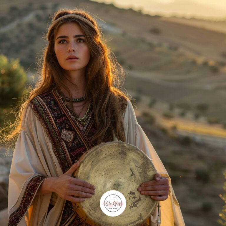 Artistic depiction of Jephthah’s Daughter standing in the hills of ancient Gilead at sunset, holding a tambourine with a solemn, peaceful expression, wearing traditional Hebrew garments—symbolizing faith, courage, and sacrifice from Judges 11.