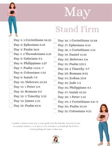 Scripture Writing and Reading Plans & How to Start in 2026 1 She's So Scripture branded May "Stand Firm" Bible reading plan and scripture writing plan — a 31-day checklist of daily verses on a white background with illustrated women holding Bibles and a dusty pink header.
