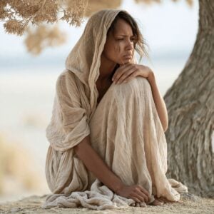 Woman in a flowing, neutral garment.