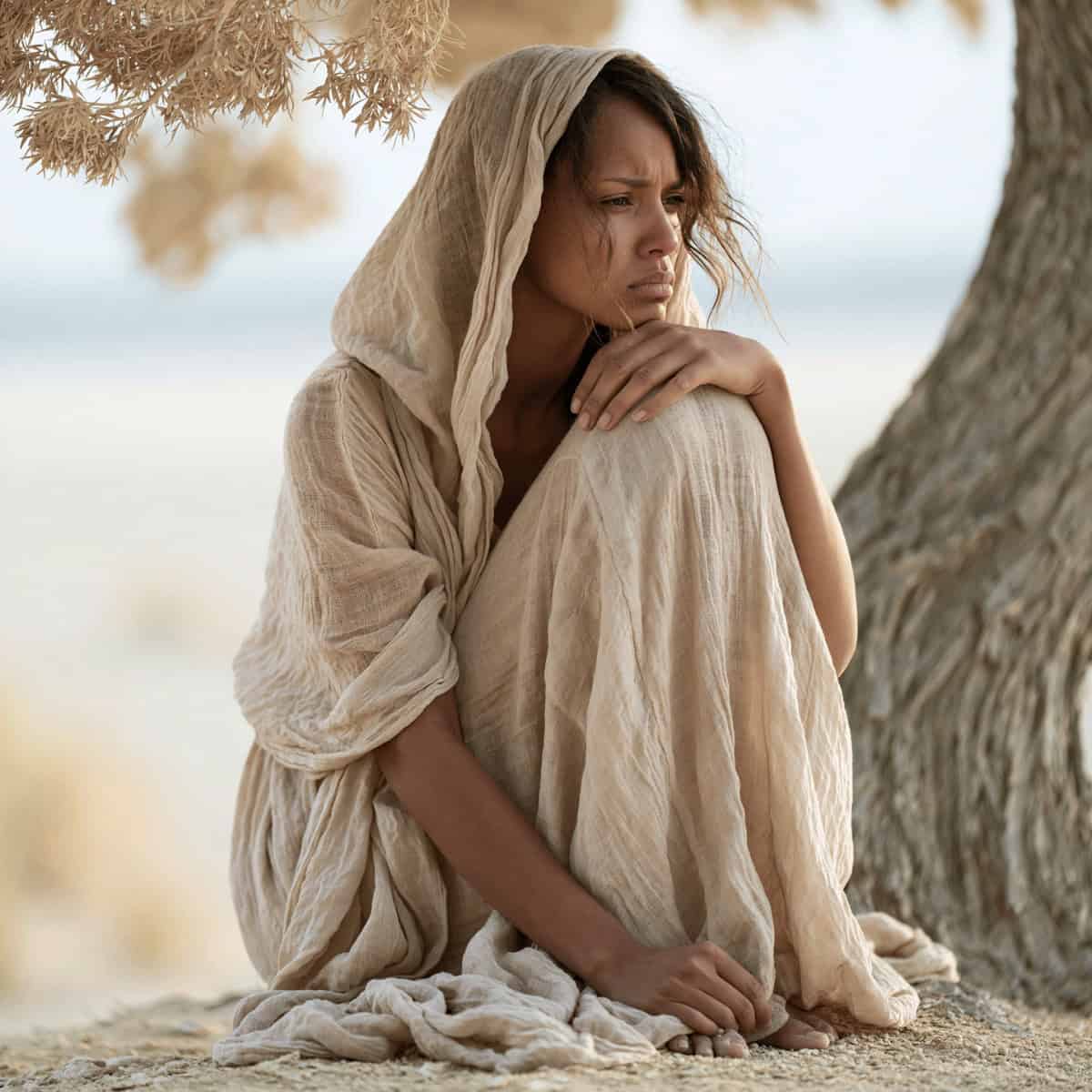 Woman in a flowing, neutral garment.