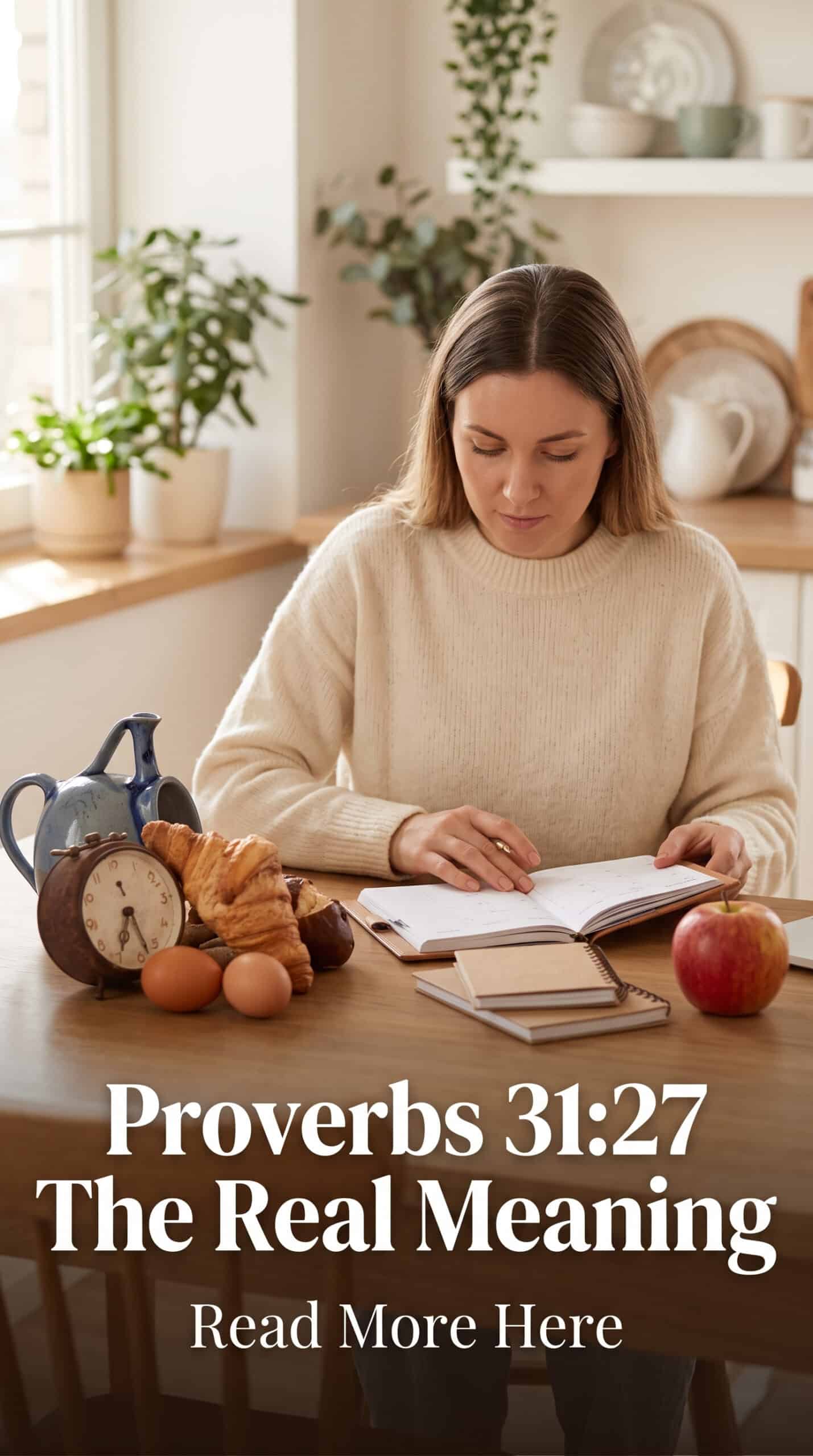 Proverbs 31:27 Meaning: Why "The Bread of Idleness" Isn't About Being Busy 1 A lifestyle image featuring a study of the Proverbs 31:27 verse, explaining the biblical meaning of the bread of idleness with a clean aesthetic.